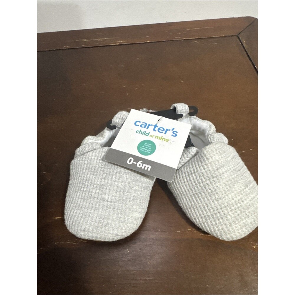 Carter's Child of Mine Booties Unisex 0-6M Grey Waffle Knit Slip On Soft Sole